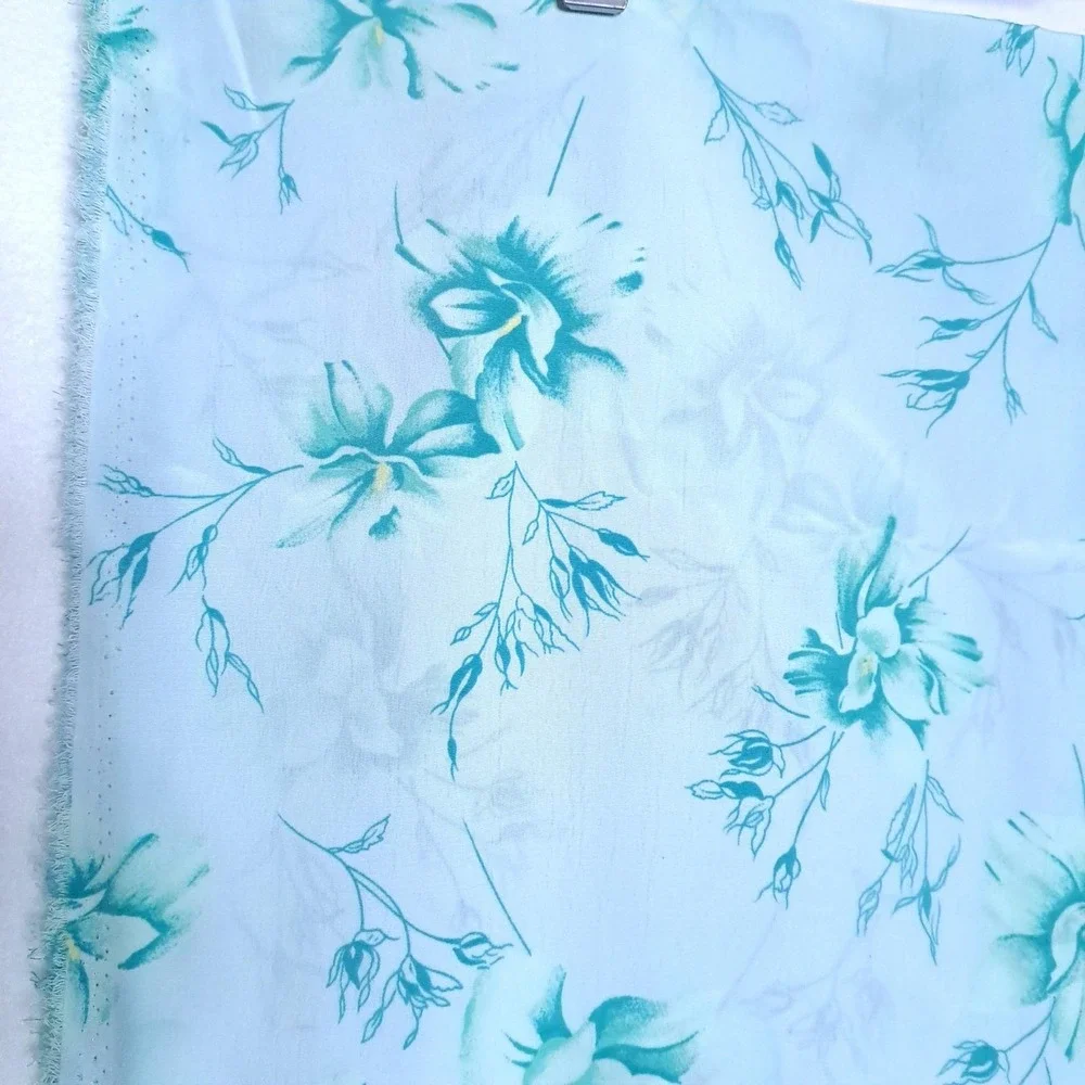 Vintage Floral Fabric Light Blue Teal Botanical Print‎ 2.5 Yards Sewing Craft